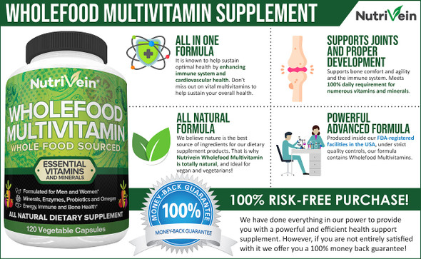 Nutrivein  Food Multivitamin - Complete Daily Vitamins for Men and Women from   Foods, Real Raw Veggies, s, Vitamin E, A, B Complex - 30 Day Supply (120 Capsules, Four Daily)