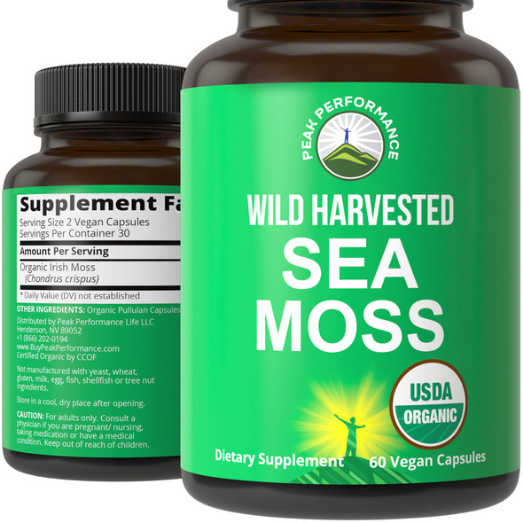 Organic Sea Moss Capsules. Wild Harvested Sea Moss Raw Organic Vegan Supplement from Red Algae Seaweed. 100%  Extract Raw Irish SeaMoss Superfood Pills. for Gut, Respiratory, Immune Support.