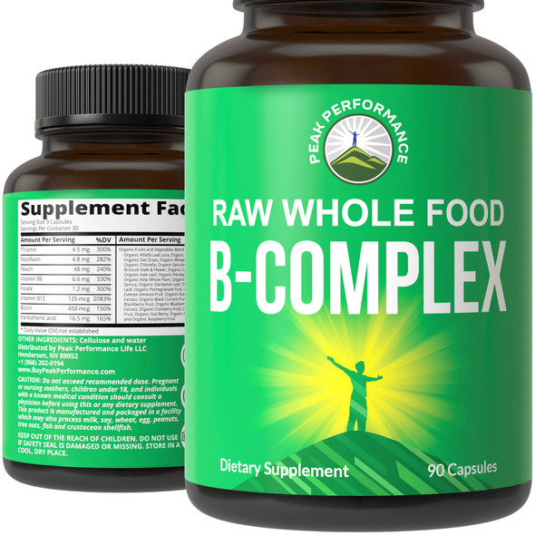 Peak Performance Raw  Food Vegan B Complex Supplement. Best B-Complex with Vitamin B1, B2, B3, B5, B6, B7, B9 and B12. Vitamins 90 Capsules. Energy Boost