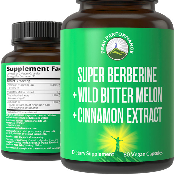 Ultra High Strength 4-in-1 Super Berberine Patented GlucoVantage + Wild Bitter Melon + Cinnamon Extract + Chromium Picolinate Vegan Capsules. Great Supplement to Support After-Meal Spikes and Energy