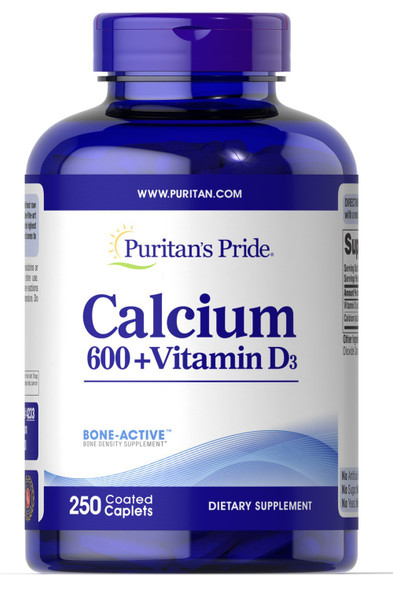 Calcium Carbonate 600 mg + Vitamin D 3.125 mcg (125 IU), Supports Bone Health, 250 Count by Puritan's Pride (No Model)