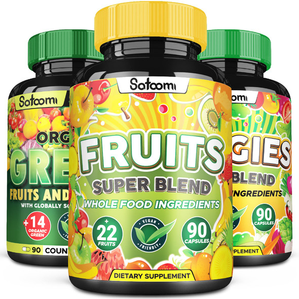 73in1 s and Veggies Supplement & Super Food Green - Extract for Gut, Skin, Immune, Digestion & Body Support - Blended Apple, Grape, Broccoli & More - Total 270 Vegan Capsules (1 Set 3 Bottles)