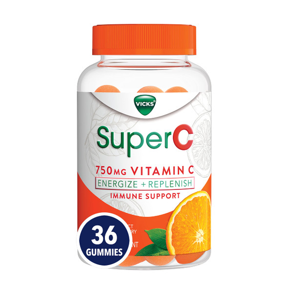 Vicks Super C Vitamin C Gummies, Energize + Replenish, Daytime Supplement for Immune Support with Vitamin C, B Vitamins, Green Tea Extract, Ginseng, and Goji Berries, Citrus Flavored, 36 Gummies