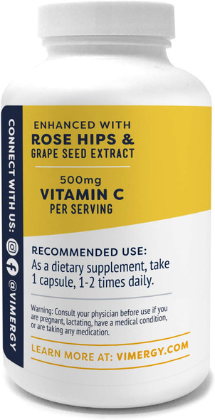 Vimergy Micro-C Capsules, 180 Servings  500mg All-Natural Buffered Vitamin C with Rose Hips, Rutin, Grape Seed & Acerola Fruit Extract  Antioxidant - Supports a Healthy Immune System & Skin Health