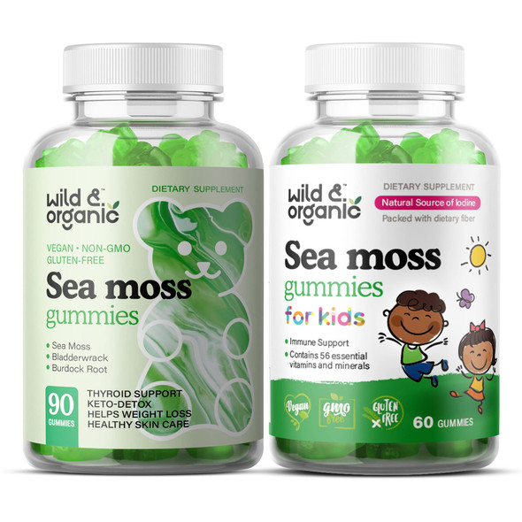Wild & Organic Sea Moss Gummies Bundle - Superfood Wildcrafted Seamoss Gummy Vitamins for Kids & Adult - Thyroid Health, Digestive & Immune Support Supplements w/ Raw Irish Moss Bladderwrack - 2 Pack
