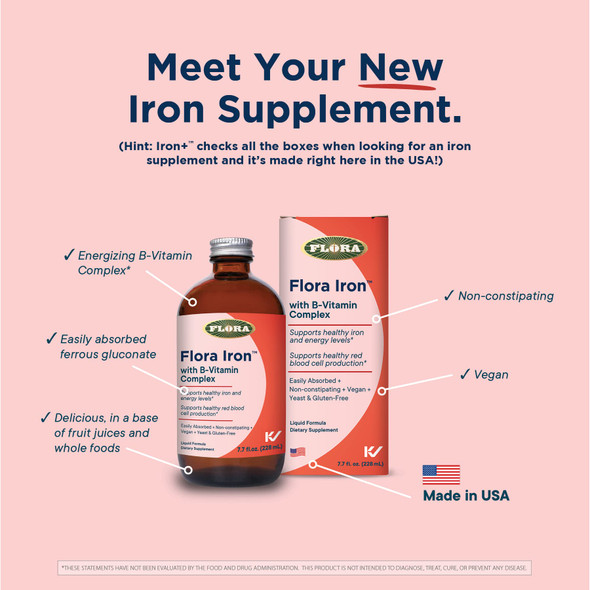 Flora - Iron with B-Vitamin Complex, Helps Maintain Healthy Iron Levels, Non-Constipating, Highly Absorbable Vitamin-B & Iron Supplement, Vegan, Yeast and Gluten Free, 7.7-oz. Glass Bottle