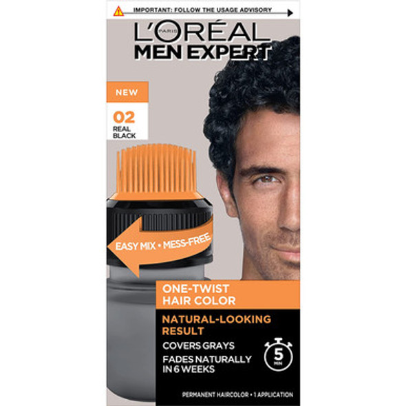 L'Oreal Paris Men Expert One Twist Mess Free Permanent Haircolor, Covers Grays, Real Black 02, 1 Application Kit Twin Pack - Pack of 2