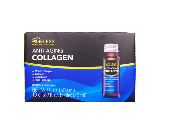 Ageless Anti Aging Liquid Collagen 10x50ml Marine Collagen, Turmeric, Glutathione, Rosa Roxburghii, Vitamins, Non-GMO Anti Aging Collagen Supplements to Renew Skin for Women and Men