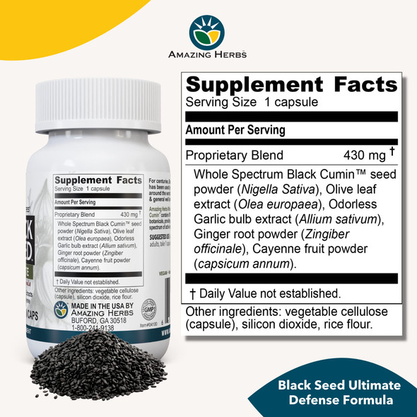 Amazing Herbs Whole Spectrum Black Seed Ultimate, Vegetarian Capsules - Olive Leaf & Garlic Extracts Plus Ginger & Cayenne, Gluten Free, Non Gmo, Vegan - 100 Count