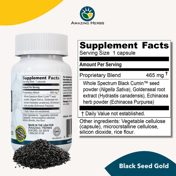 Amazing Herbs Whole Spectrum Black Seed Gold - Black Cumin Seed With Goldenseal & Ecea, Gluten-Free & Non-Gmo, Immune Support, Promotes Health & Wellness - 60 Count