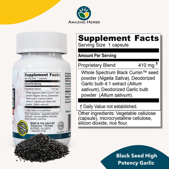 Amazing Herbs Black Seed And Garlic - Supports Heart Health And Immune System - 100 Vegetarian Capsules