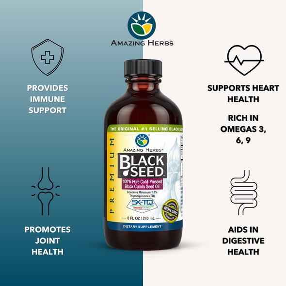 Amazing Herbs Premium Black Seed Oil - Gluten Free, Non Gmo, Cold Pressed Nigella Sativa Aids In Digestive Health, Immune Support, Brain Function - 8 Fl Oz (Pack Of 2)