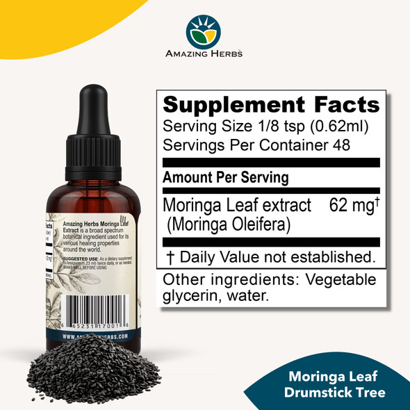 Amazing Herbs Moringa Leaf Extract - Premium Moringa Oleifera, Gluten-Free, Improves Mood, Supports Sleep, & Promotes Joint Health - 1 Fl Oz