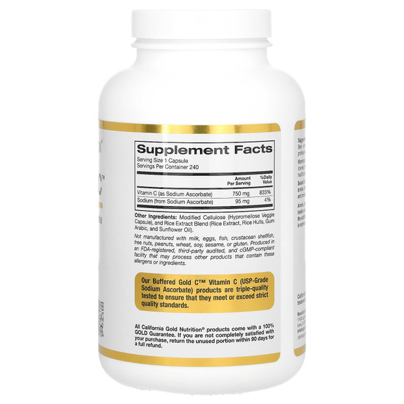 Buffered Gold C By California Gold Nutrition - Non-Acidic Vitamin C Supplement - Immune Support & Seasonal Wellness - Vegetarian Friendly - Gluten Free, Non-Gmo - 750 Mg - 240 Veggie Capsules