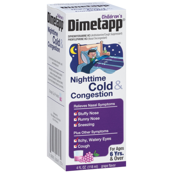 Children'S Dimetapp Nighttime Cold & Congestion -Stuffy Nose, Runny Nose, Sneezing, Itchy & Watery Eyes, Cough -Antihistamine -Alcohol-Free -Grape Flavor -4Oz