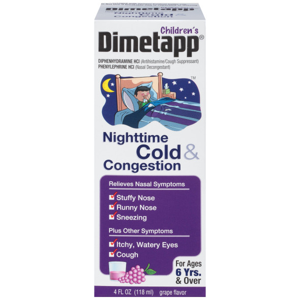Children'S Dimetapp Nighttime Cold & Congestion -Stuffy Nose, Runny Nose, Sneezing, Itchy & Watery Eyes, Cough -Antihistamine -Alcohol-Free -Grape Flavor -4Oz