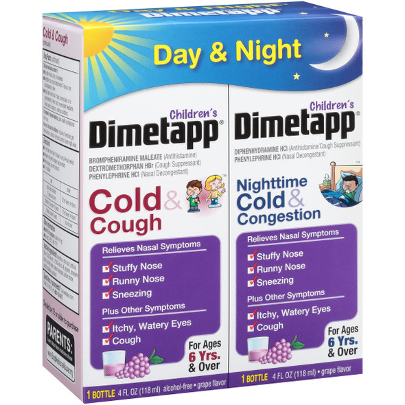 Dimetapp Children'S Cold & Cough Antihistamine, Cough Suppressant, & Decongestant - Day & Night (Grape Flavor Liquid, 2-4 Fl. Oz. Bottles)