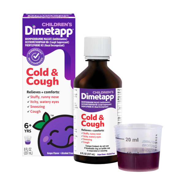 Children'S Dimetapp Cold And Cough, Stuffy Nose, Runny Nose, Sneezing, Itchy & Watery Eyes, Cough, Antihistamine, Alcohol-Free, Liquid Syrup, Grape Flavor, 4 Fl Oz (Pack Of 3)