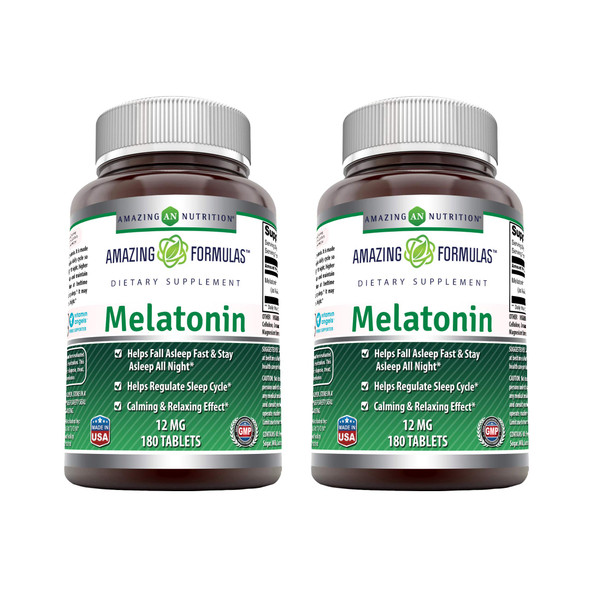 Amazing Formulas Melatonin Supplement | 12 Mg Per Serving | 180 Tablets Supplement | Non-Gmo | Gluten Free | Made In Usa (Pack Of 2