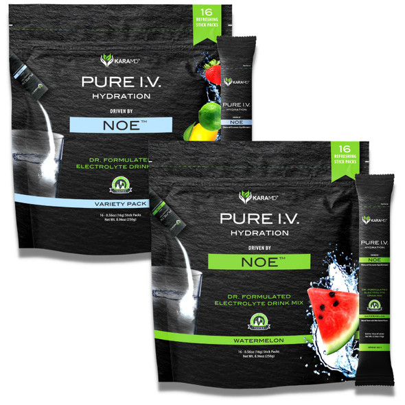 Karamd Pure I.V. - Doctor Formulated Electrolyte Powder Drink Mix 2 Flavor Bundle – Refreshing & Delicious Hydrating Packets With Vitamins & Minerals – 1 Variety Bag & 1 Watermelon Bag (32 Sticks)