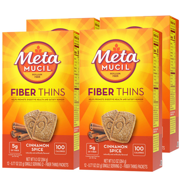 Metamucil Fiber Thins, Daily Psyllium Husk Fiber Supplement, Supports Digestive Health And Satisfies Hunger, Cinnamon Spice Flavor, 4 Packs X 12 Servings (48 Total Servings)