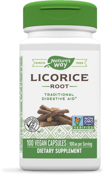 Nature'S Way Licorice Root Capsules For Adults, Traditional Digestive Health Support Supplement*, 900 Mg Per Serving, 100 Vegan Capsules