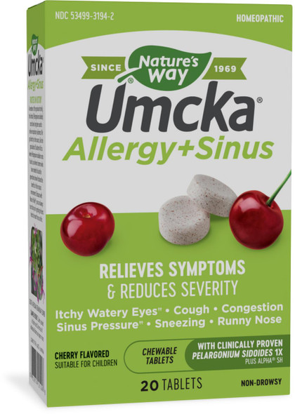 Nature'S Way Umcka Allergy+Sinus Homeopathic, Sneezing, Runny Nose, Congestion, And Sinus Pressure**, Phenylephrine Free, Non-Drowsy, Cherry Flavored, 20 Chewable Tablets