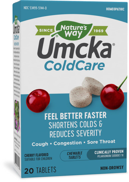 Nature'S Way Umcka Coldcare Homeopathic, Shortens Colds, Sore Throat, Cough, And Congestion, Phenylephrine Free, Non-Drowsy, Cherry Flavored, 20 Chewable Tablets