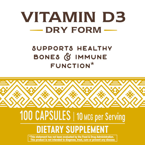 Nature'S Way Vitamin D3 Dry Form, Supports Healthy Bones And Immune Function*, 10Mcg Per Serving, 100 Capsules