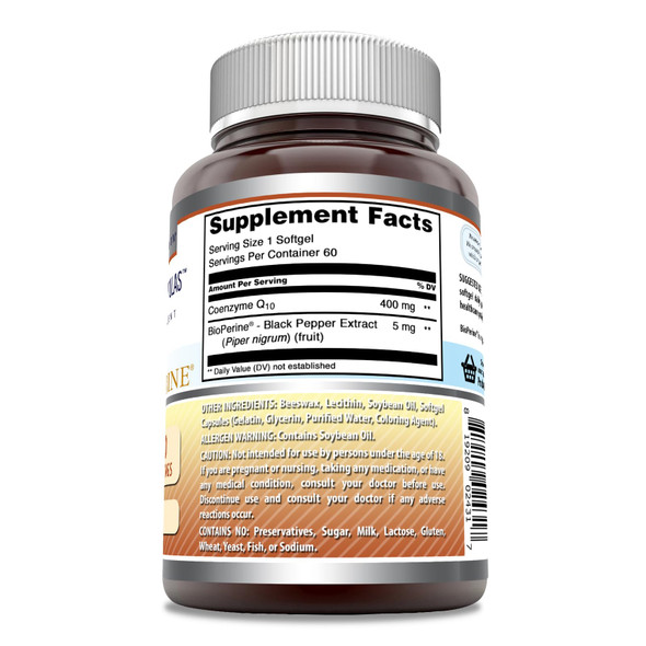 Amazing Formulas Coq10 With Bioperine Supplement | 400 Mg Per Serving | 60 Softgels | Non-Gmo | Gluten Free | Made In Usa