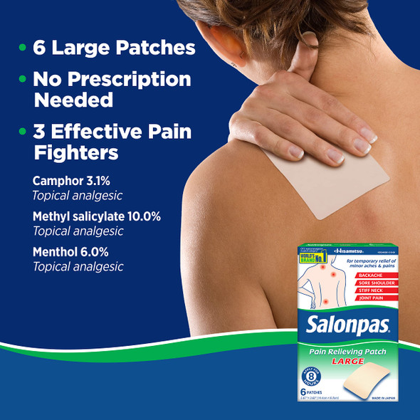 Salonpas Pain Relieving Patch, Large, 6 Count, For Back, Neck, Shoulder, Knee Pain And Muscle Soreness, 8 Hour Pain Relief