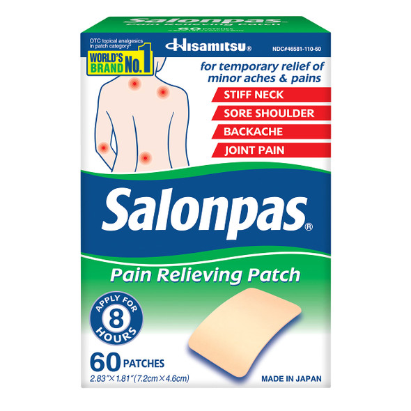 Salonpas Pain Relieving Patch For Back, Neck, Shoulder, Knee Pain And Muscle Soreness - 8 Hour Pain Relief - 60 Count
