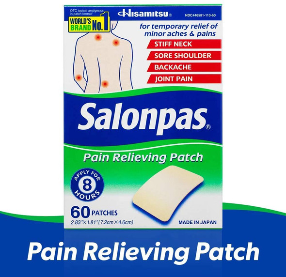 Salonpas Pain Relieving Patch For Back, Neck, Shoulder, Knee Pain And Muscle Soreness - 8 Hour Pain Relief - 60 Count