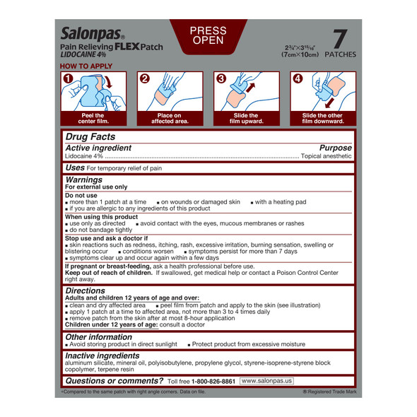 Salonpas Pain Relieving Flex Patch Lidocaine 4% 7 Count