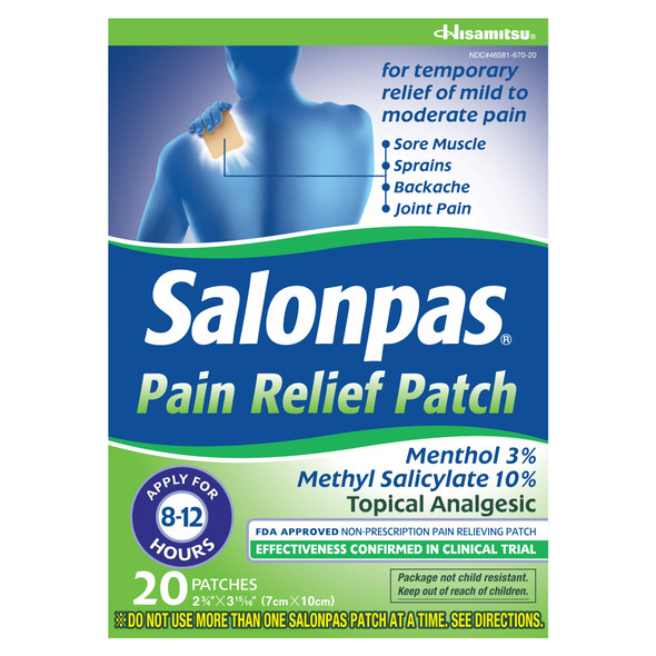 Salonpas Pain Relieving Menthol And Methyl Salicylate Patch, 20 Count, For Back, Neck, Shoulder, Knee Pain And Muscle Soreness, 12 Hour Pain Relief