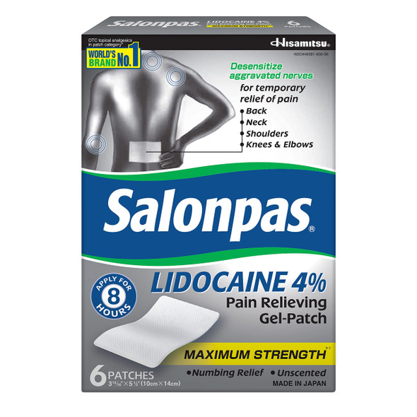 Salonpas Lidocaine 4% Pain Relieving Maximum Strength Gel-Patch 6Ct (Pack Of 2)