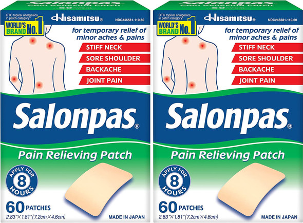Salonpas Pain Relieving Patch For Back, Neck, Shoulder, Knee Pain And Muscle Soreness - 8 Hour Pain Relief - 60 Count (Pack Of 2)