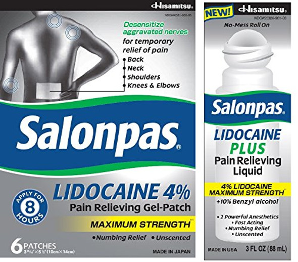 Salonpas Lidocaine Gel-Patch And Lidocaine Plus 3 Oz Roll On Pain Relieving Liquid! Bundle Pack