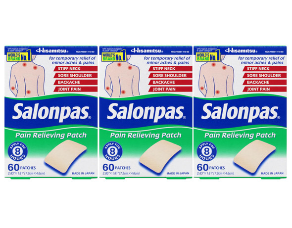 Salonpas Pain Relieving Patches 2.83" X 1.81" 60 Count, Pack 3