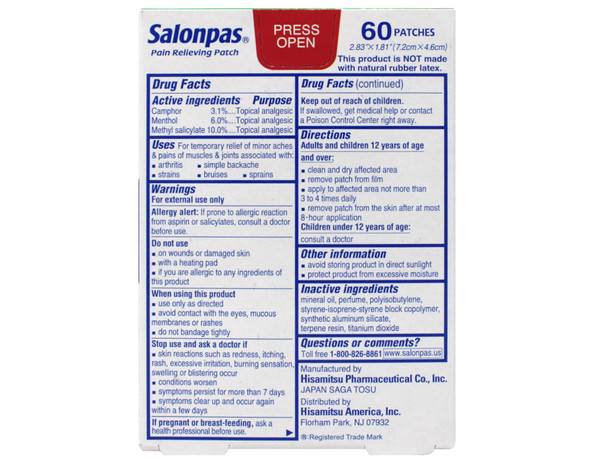 Salonpas Pain Relieving Patches 2.83" X 1.81" 60 Count, Pack 3