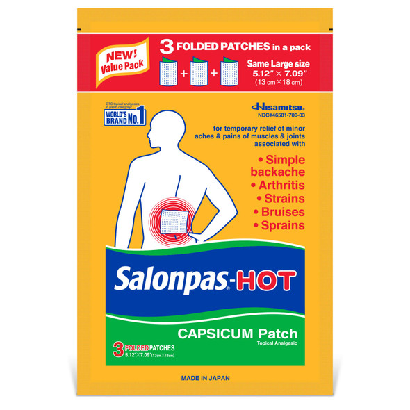 Salonpas Pain Relieving Hot Capsicum Patch, 3 Count (12 Pack), For Back, Neck, Shoulder, Knee Pain And Muscle Soreness, 8 Hour Pain Relief