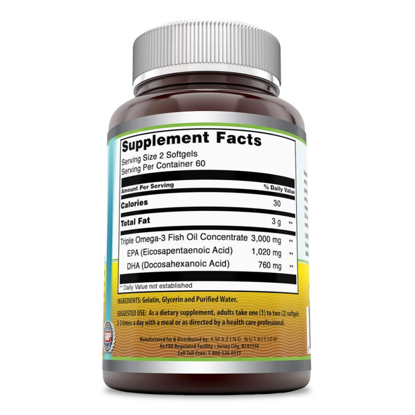 Amazing Omega Triple Strength Fish Oil Supplement | 1500 Mg Per Serving |120 Softgels | Non-Gmo | Gluten Free | Made In Usa