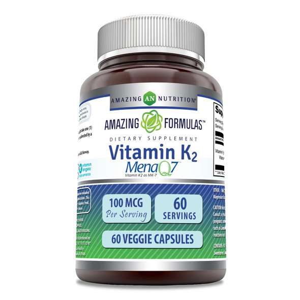 Amazing Formulas Vitamin K2 Menaq7 Mk7 Supplement | 100 Mcg Per Serving | 60 Veggie Capsules | Non-Gmo | Gluten Free | Made In Usa