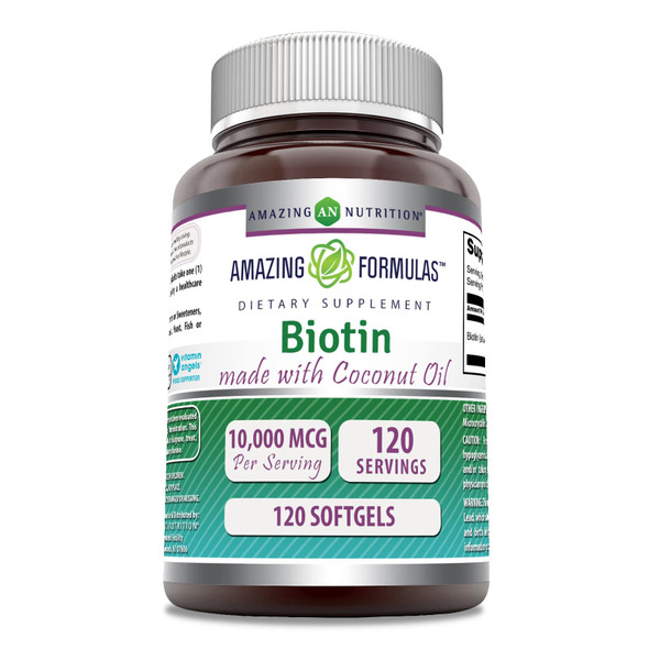 Amazing Formulas Biotin 10000Mcg With Extra Virgin Organic Coconut Oil 120 Softgels | Non-Gmo | Gluten Free | Made In Usa