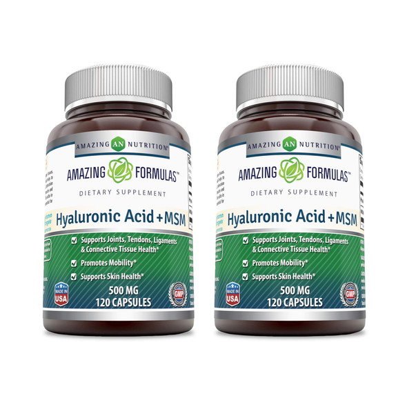 Amazing Formulas Hyaluronic Acid & Msm Supplement | 500 Mg | 120 Capsules | Non-Gmo | Gluten Free | (Pack Of 2)