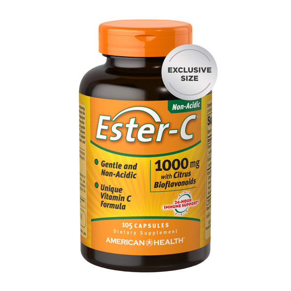 Ester-C American Health 1000 Mg With Bioflavonoids Capsules 24Hour Immune Support Gentle On Stomach Nonacidic Vitamin C Nongmo Gluten Free Servings, Citrus, 105 Count (30070)