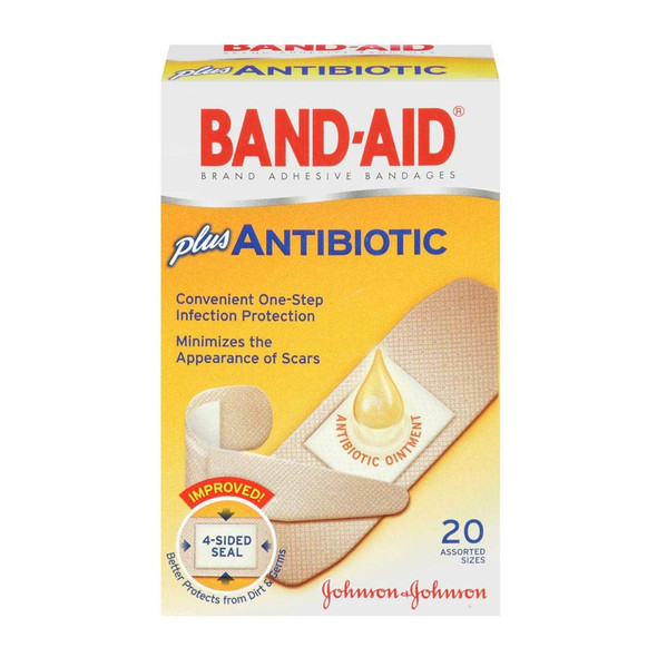 Band-Aid Adhesive Bandages Plus Antibiotic, Assorted Sizes, 20 Count
