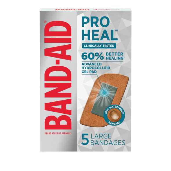 Band-Aid Brand Pro Heal Adhesive Bandages With Hydrocolloid Gel Pads, Large Clinically Tested Waterproof Bandages For Better Healing Of Minor Wounds, Sterile First Aid Bandages, 5 Ct