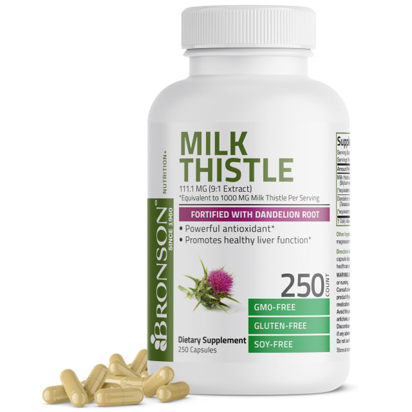 Bronson Milk Thistle Silymarin Marianum & Dandelion Root Liver Health Support, Antioxidant Support, Detox, 250 Capsules