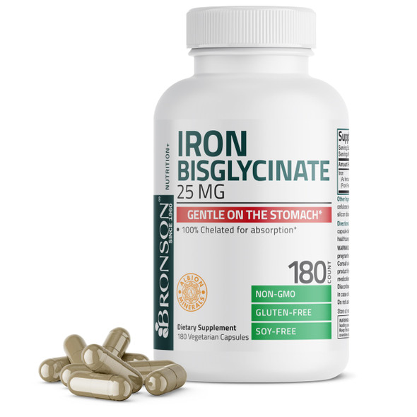 Bronson Iron Bisglycinate 25 Mg Gentle On The Stomach Supports Energy and Healthy Red Blood Cell Production Non  Constipating Formula Non Gmo 180 Vegetarian Capsules